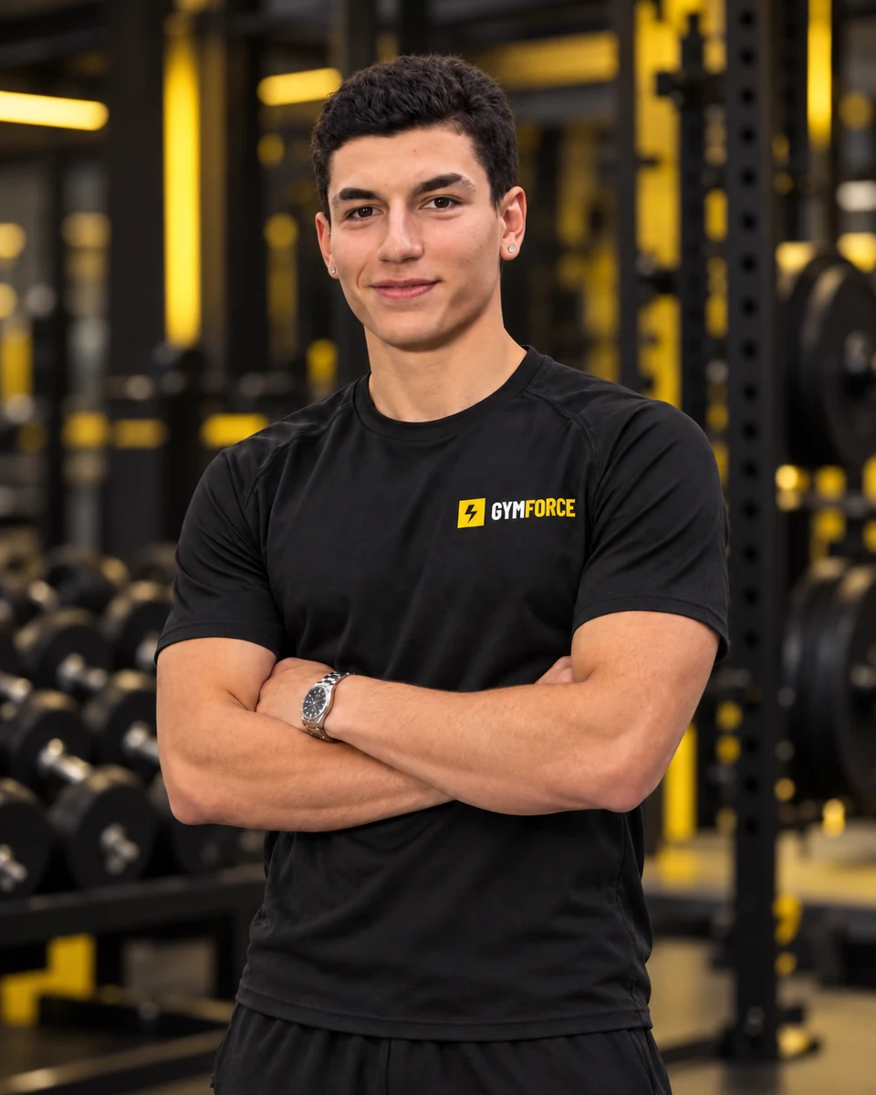 Alex con camiseta Gym Force, brazos cruzados y fondo de gimnasio editado