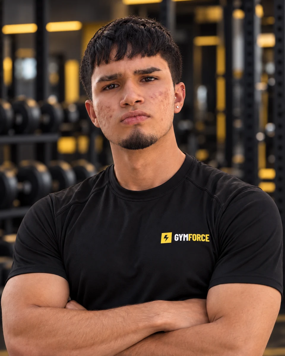 Deiby con camiseta Gym Force y brazos cruzados, con fondo de gimnasio editado